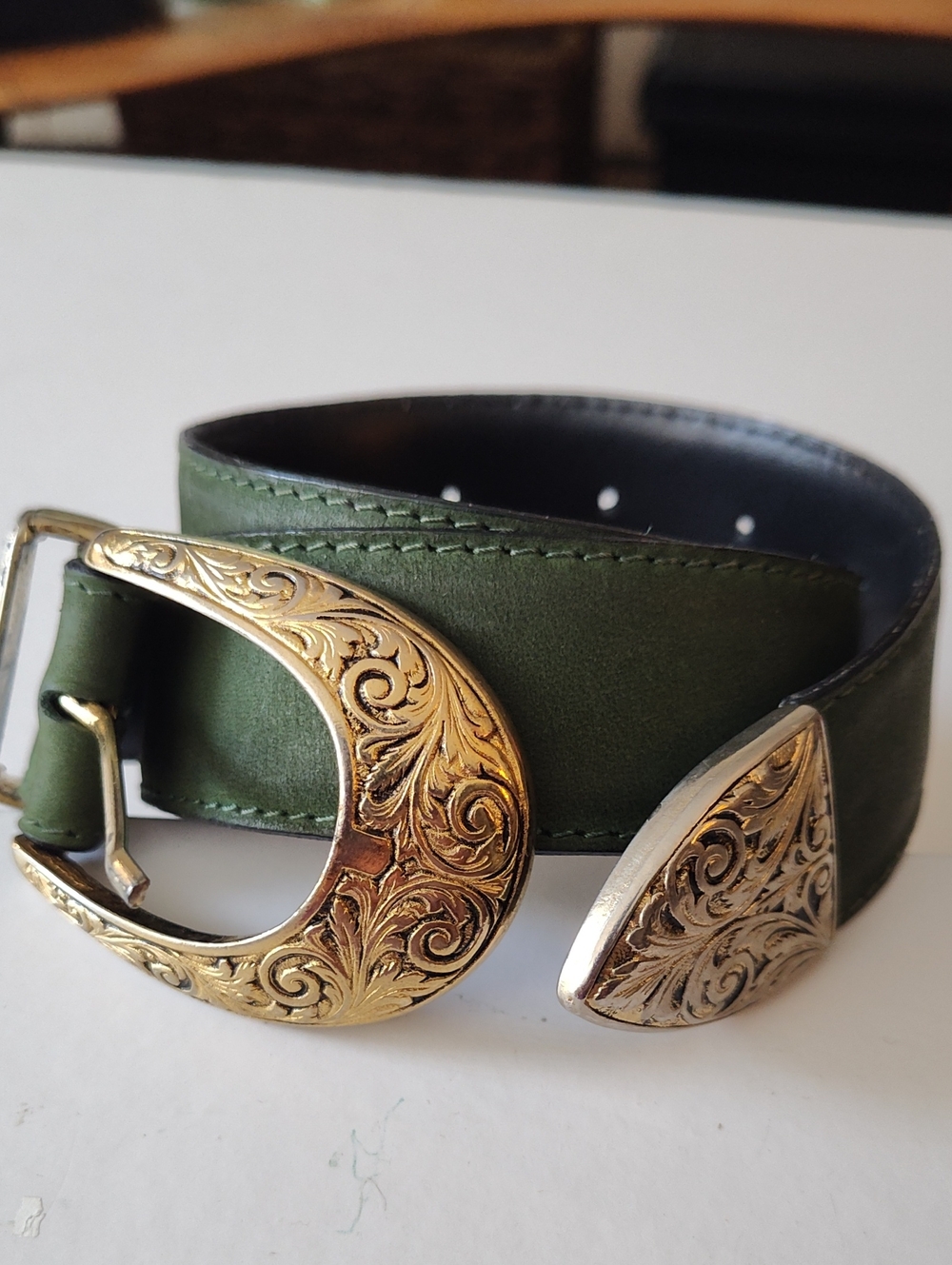 Bloomingdale's Olive Green Suede Belt with Embossed Gold-Tone Buckle/Tip Size M